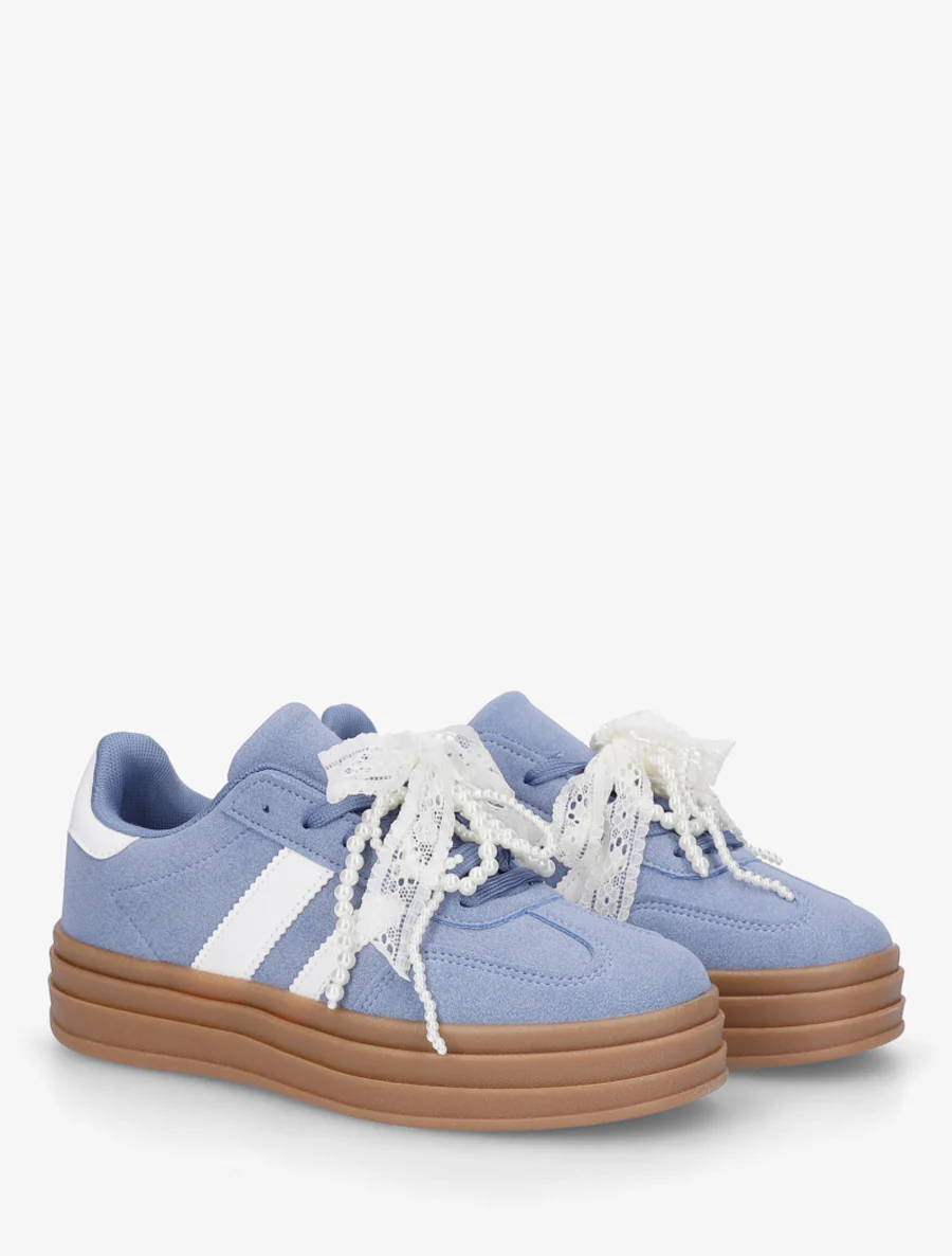 Sneakers van imitatie-nubuck met gestileerde veters. - Blauw - Image 4