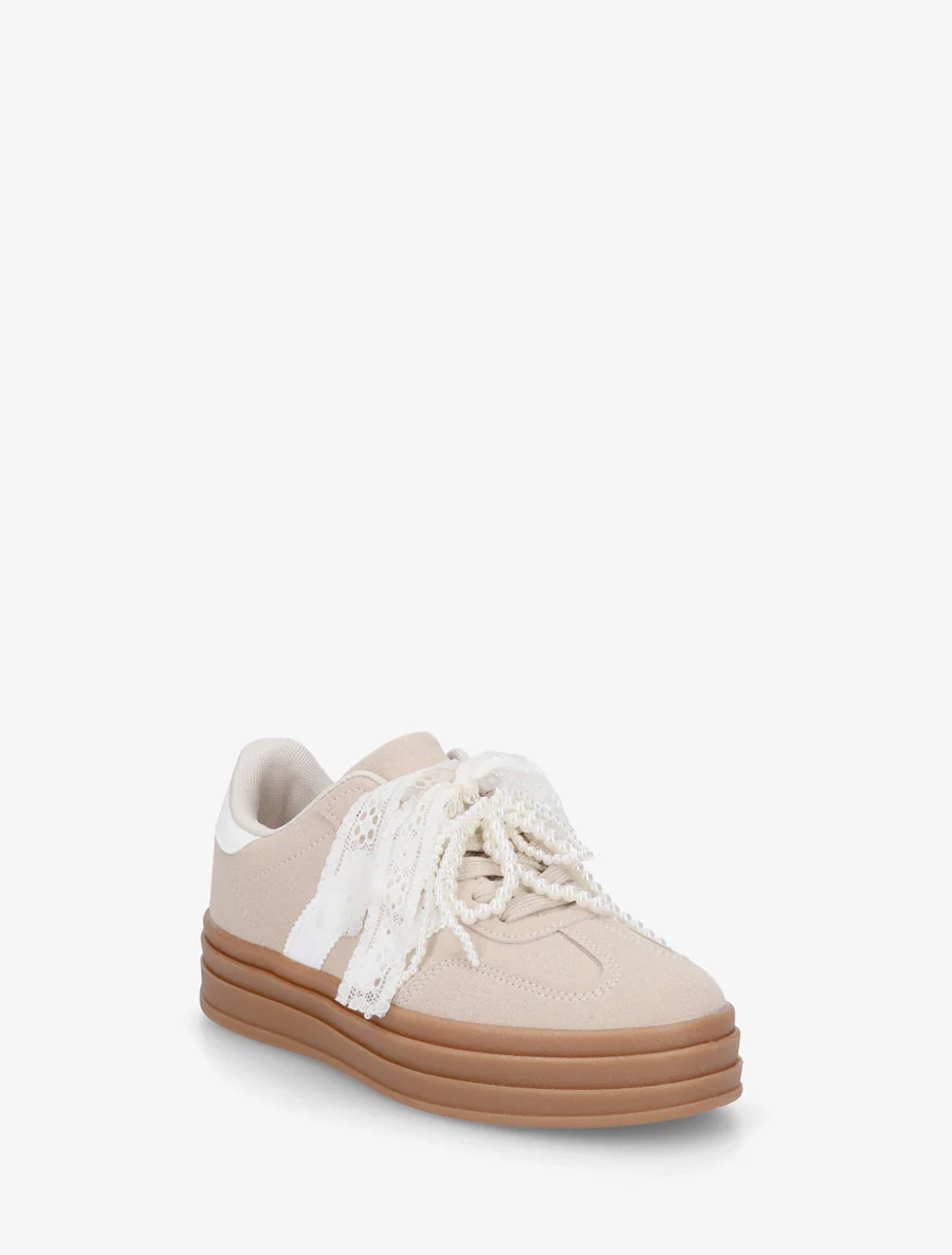 Sneakers van imitatie-nubuck met gestileerde veters. - Beige - Image 2