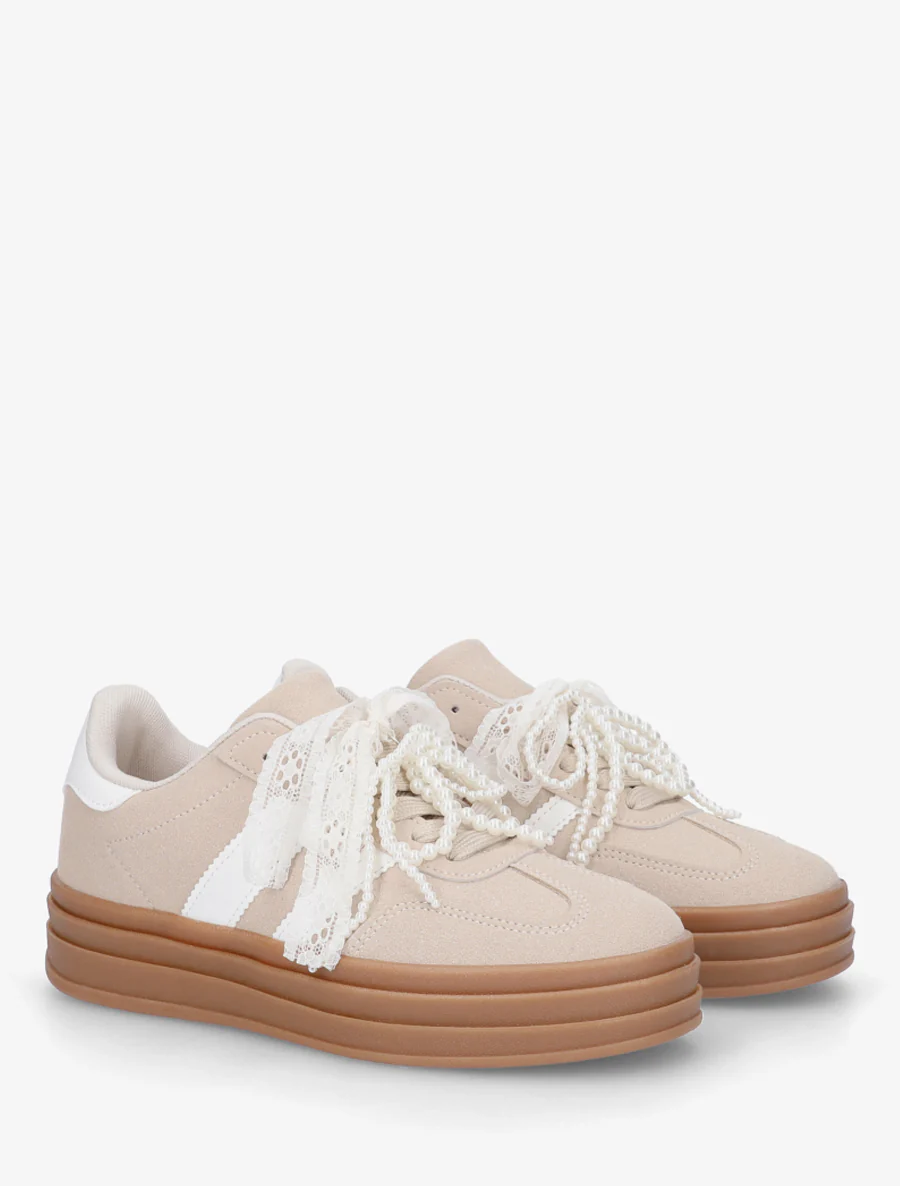 Sneakers van imitatie-nubuck met gestileerde veters. - Beige - Image 4