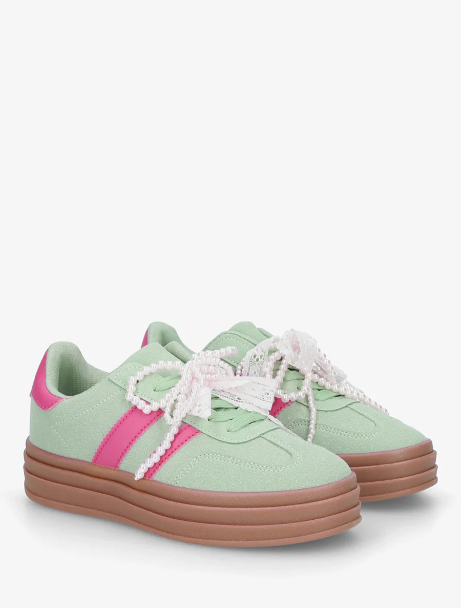 Sneakers van imitatie-nubuck met gestileerde veters. - Watergroen - Image 4
