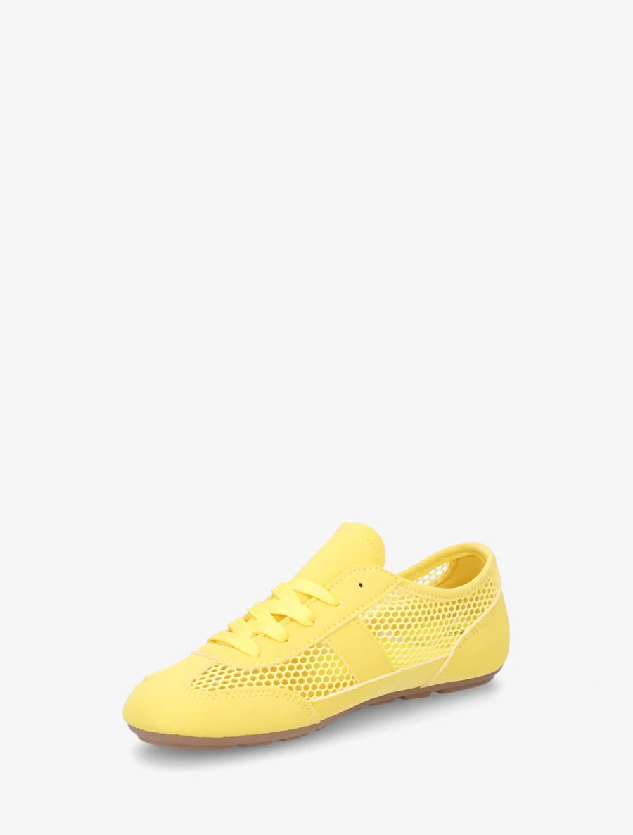 Sneakers van imitatieleer en opengewerkt textiel - Geel - Image 3