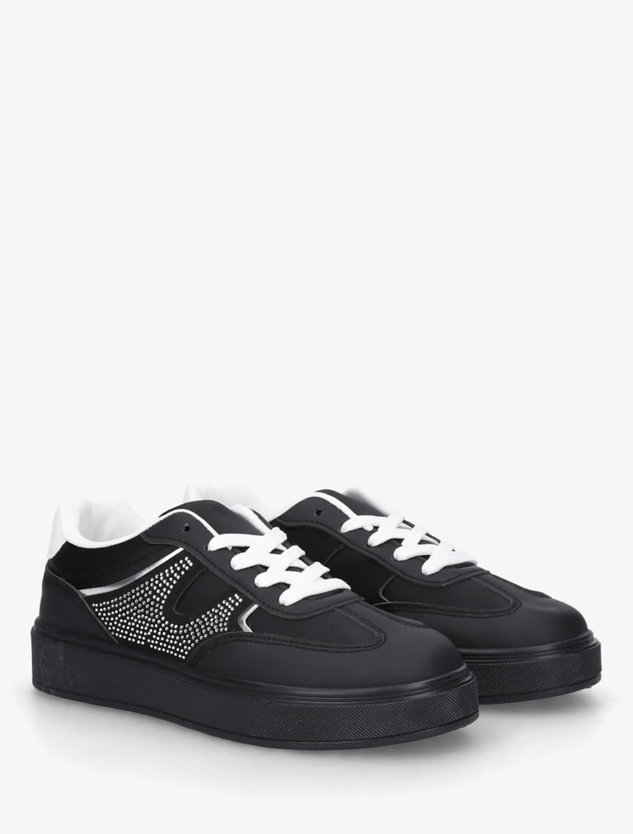 Sneakers van imitatieleer en satijnstof met strass. - Zwart - Image 4