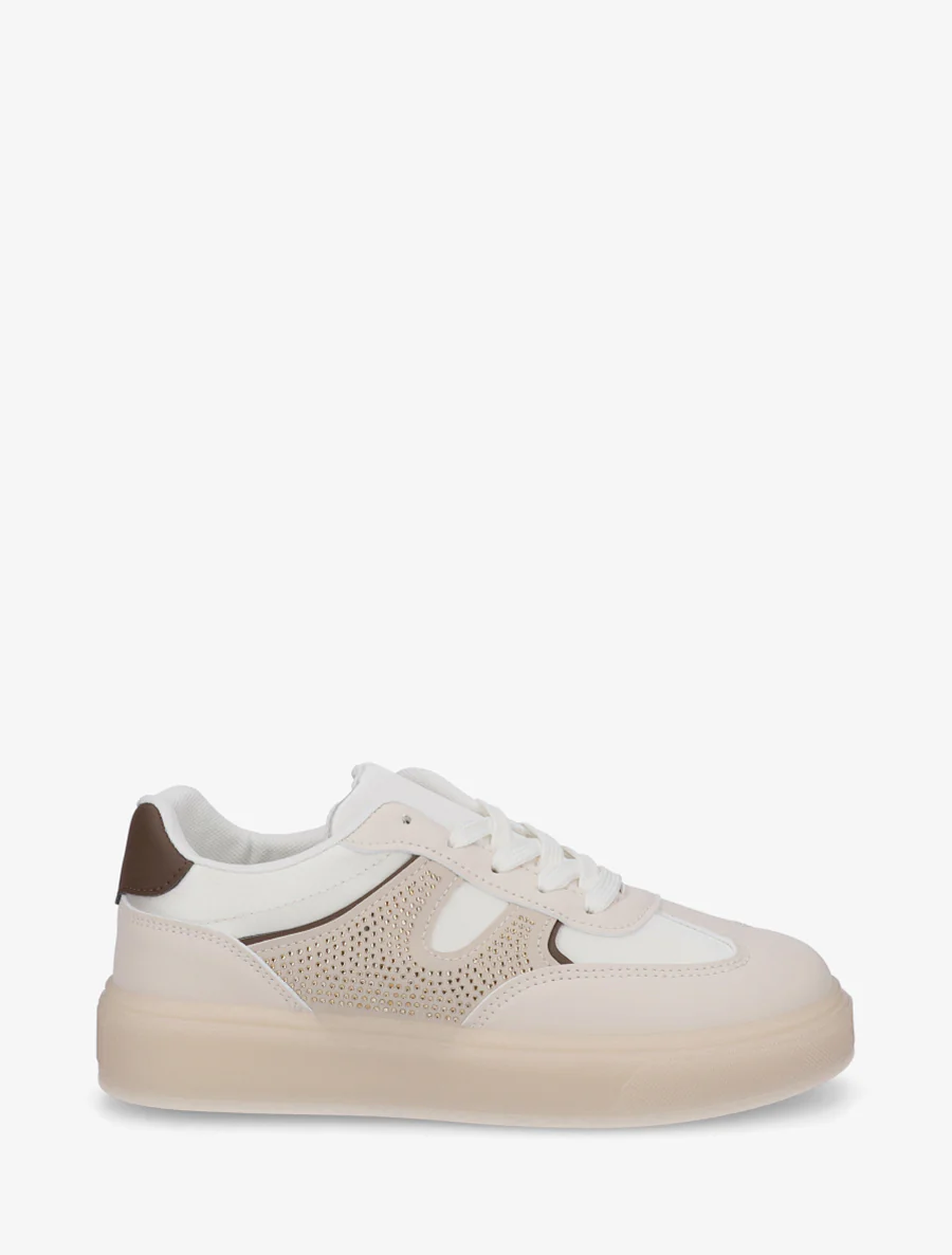 Sneakers van imitatieleer en satijnstof met strass. - Beige