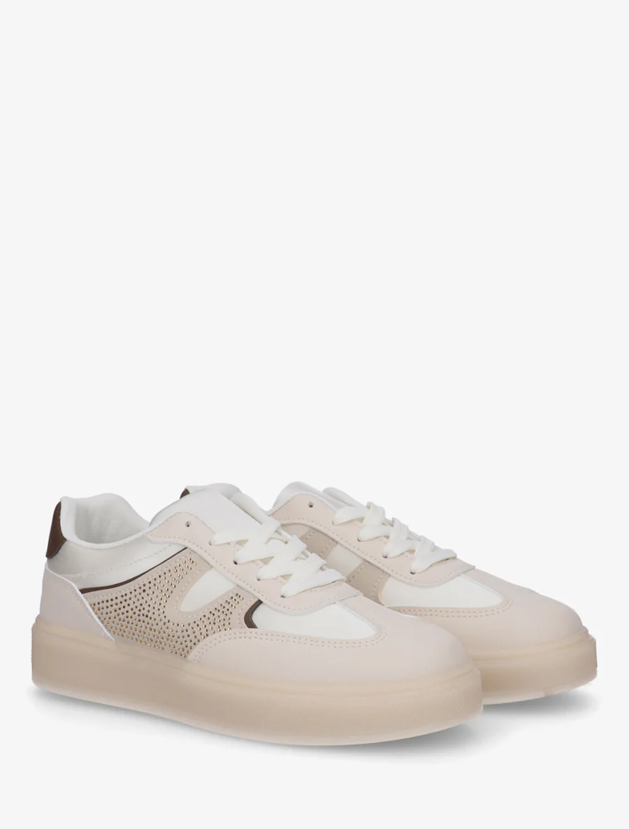 Sneakers van imitatieleer en satijnstof met strass. - Beige - Image 4