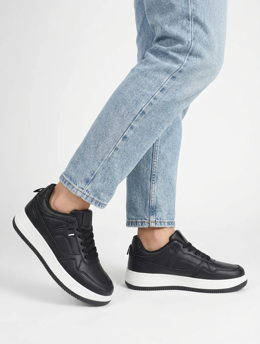 Sneakers van imitatieleer met dikke zool - Zwart - Image 5