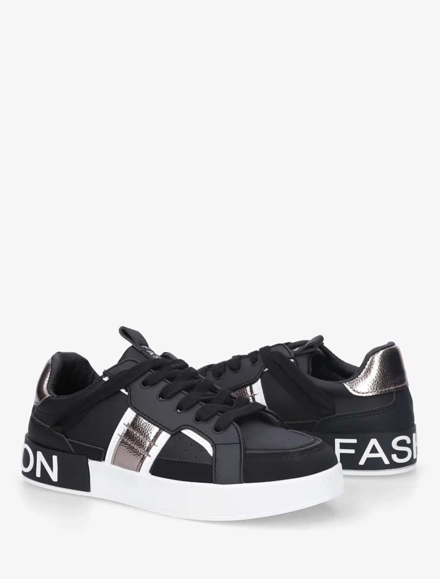 Sneakers van imitatieleer met iriserende band - Zwart - Image 4