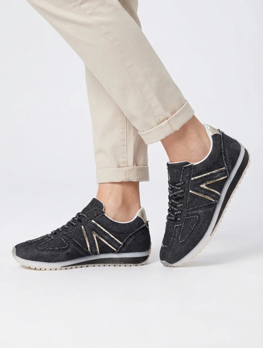 Sneakers van stof met gevlockte veters - Zwart - Image 5