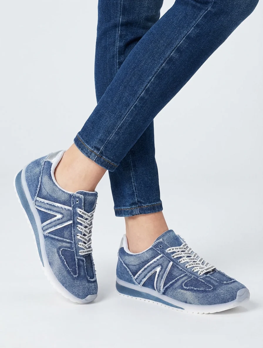 Sneakers van stof met gevlockte veters - Blauw - Image 5