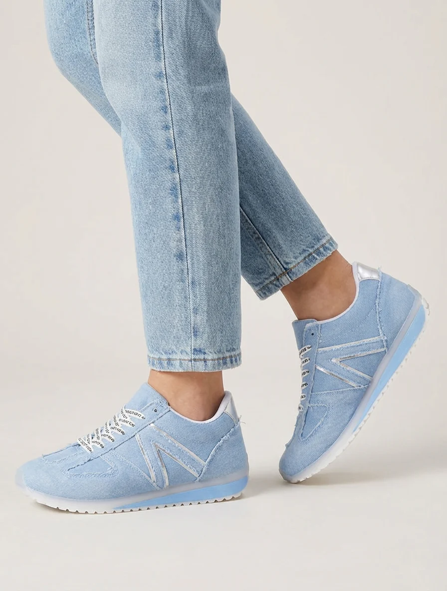 Sneakers van stof met gevlockte veters - Lichtblauw - Image 5