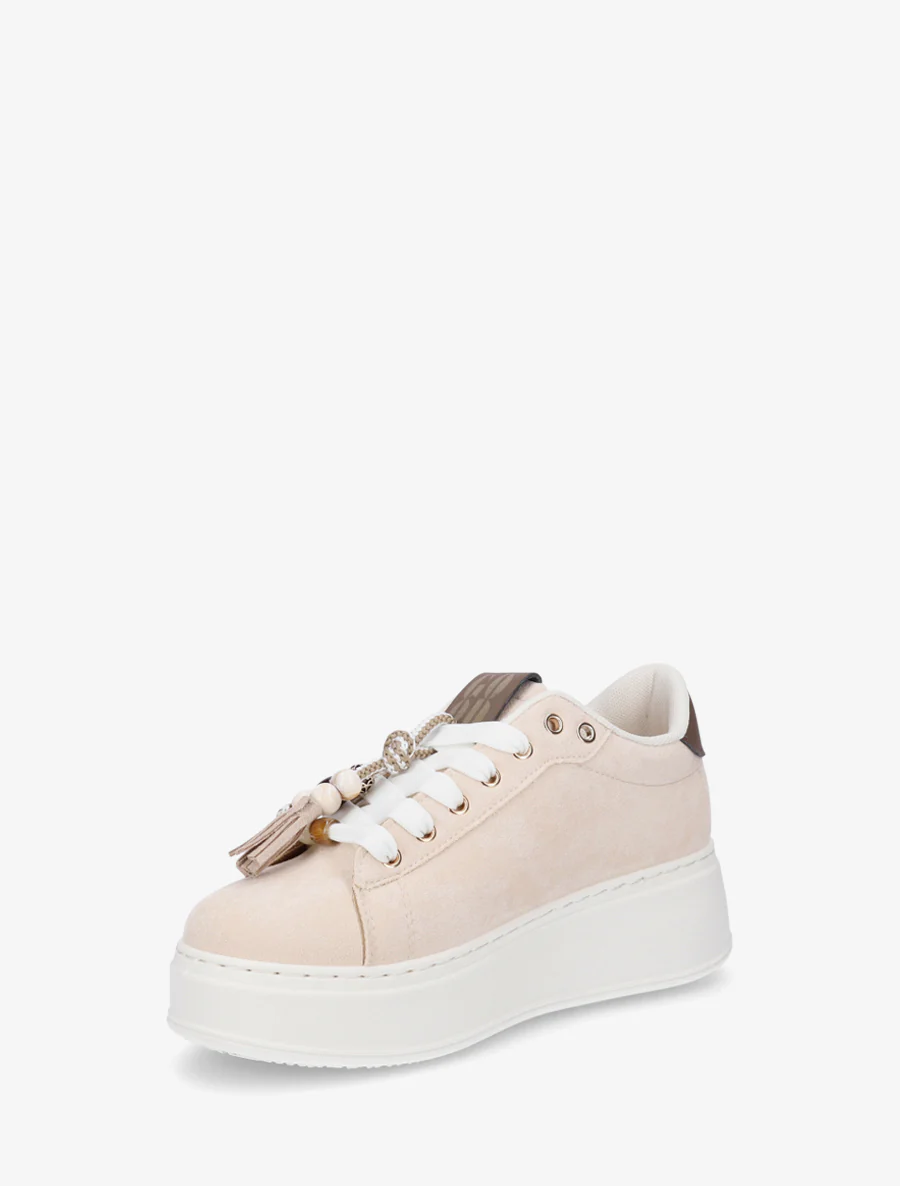 Sneakers van suèdine met parelinzetstukken. - Beige - Image 3