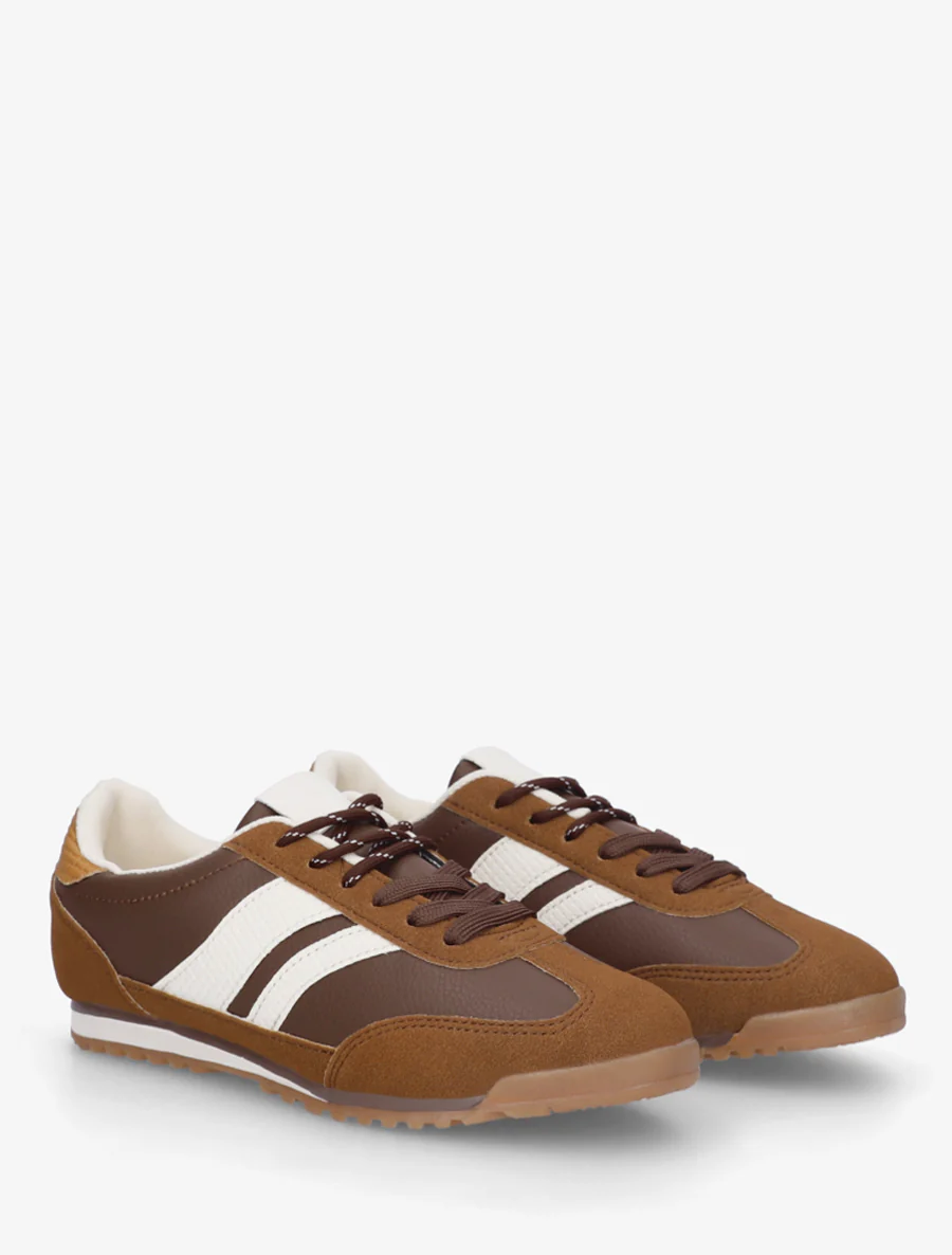 Sneakers van twee materialen met contrasterende strepen. - Bruin - Image 4