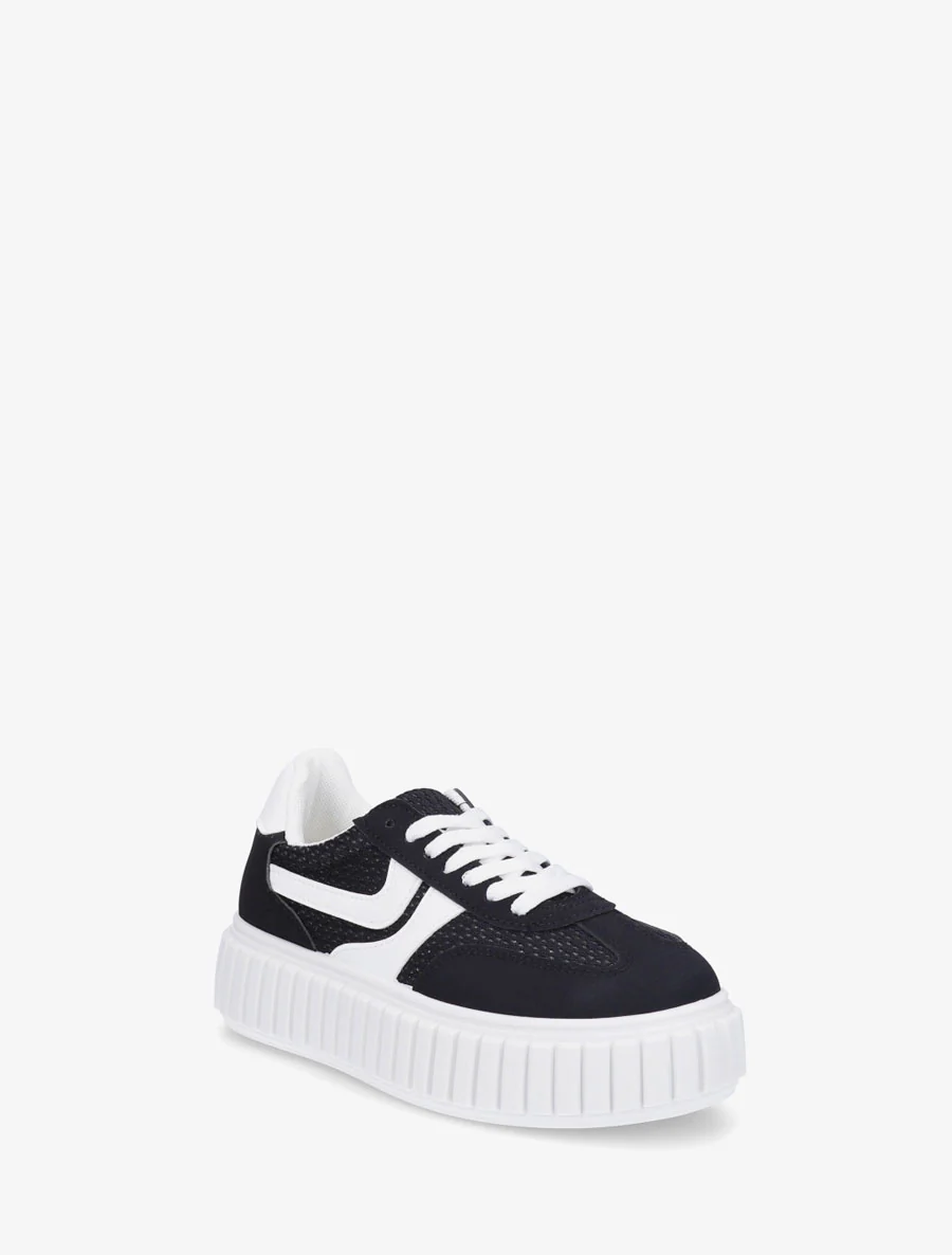 Sneakers van twee materialen met een gestreept plateauzool. - Zwart - Image 2