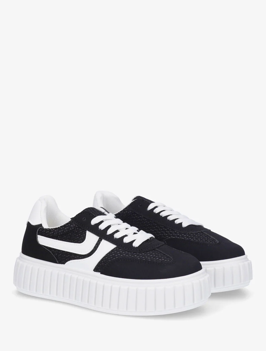 Sneakers van twee materialen met een gestreept plateauzool. - Zwart - Image 4