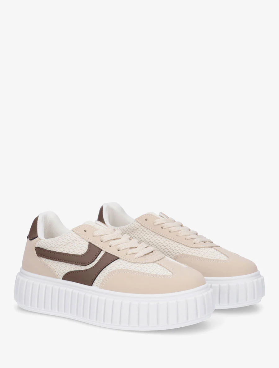 Sneakers van twee materialen met een gestreept plateauzool. - Beige - Image 4