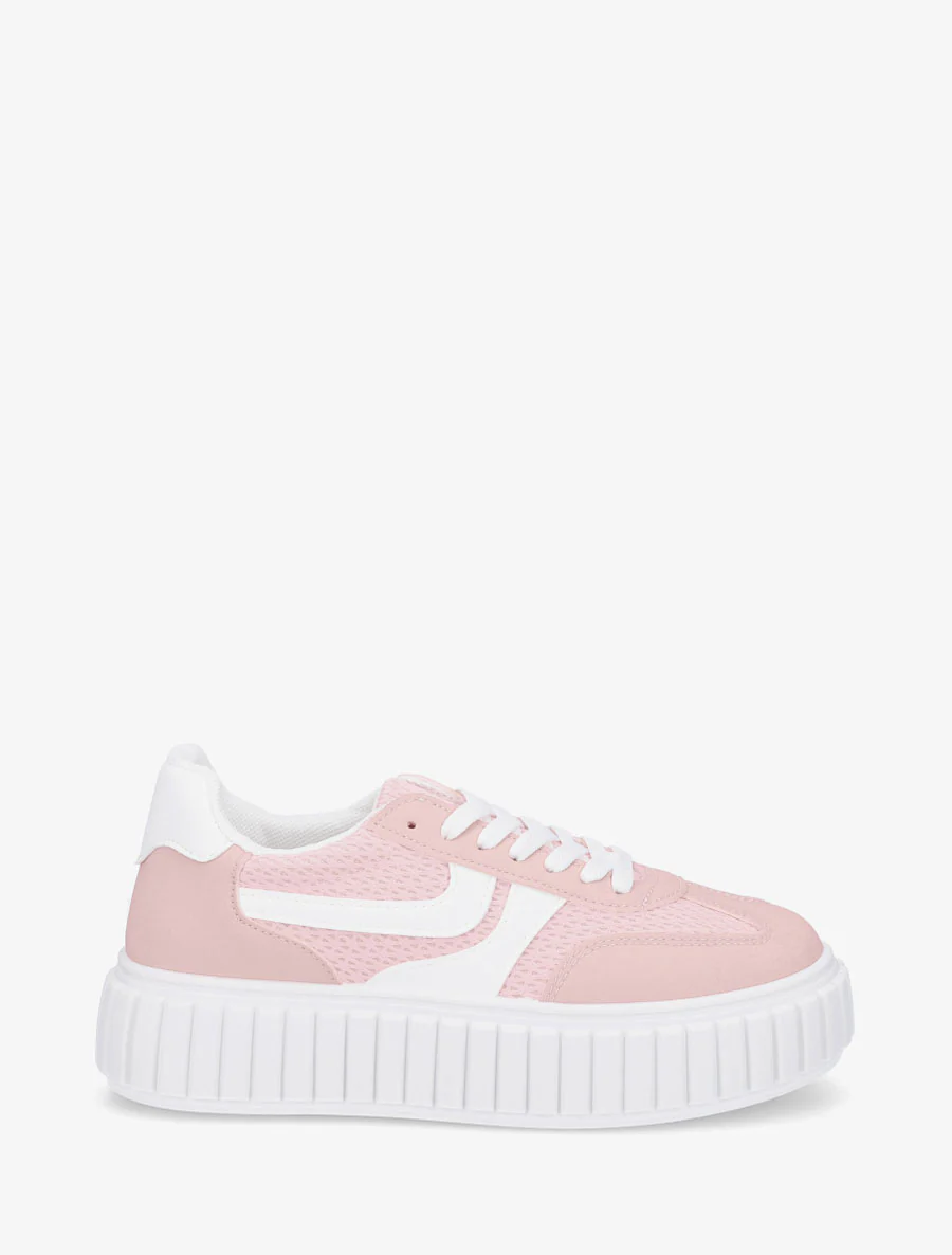 Sneakers van twee materialen met een gestreept plateauzool. - Roos