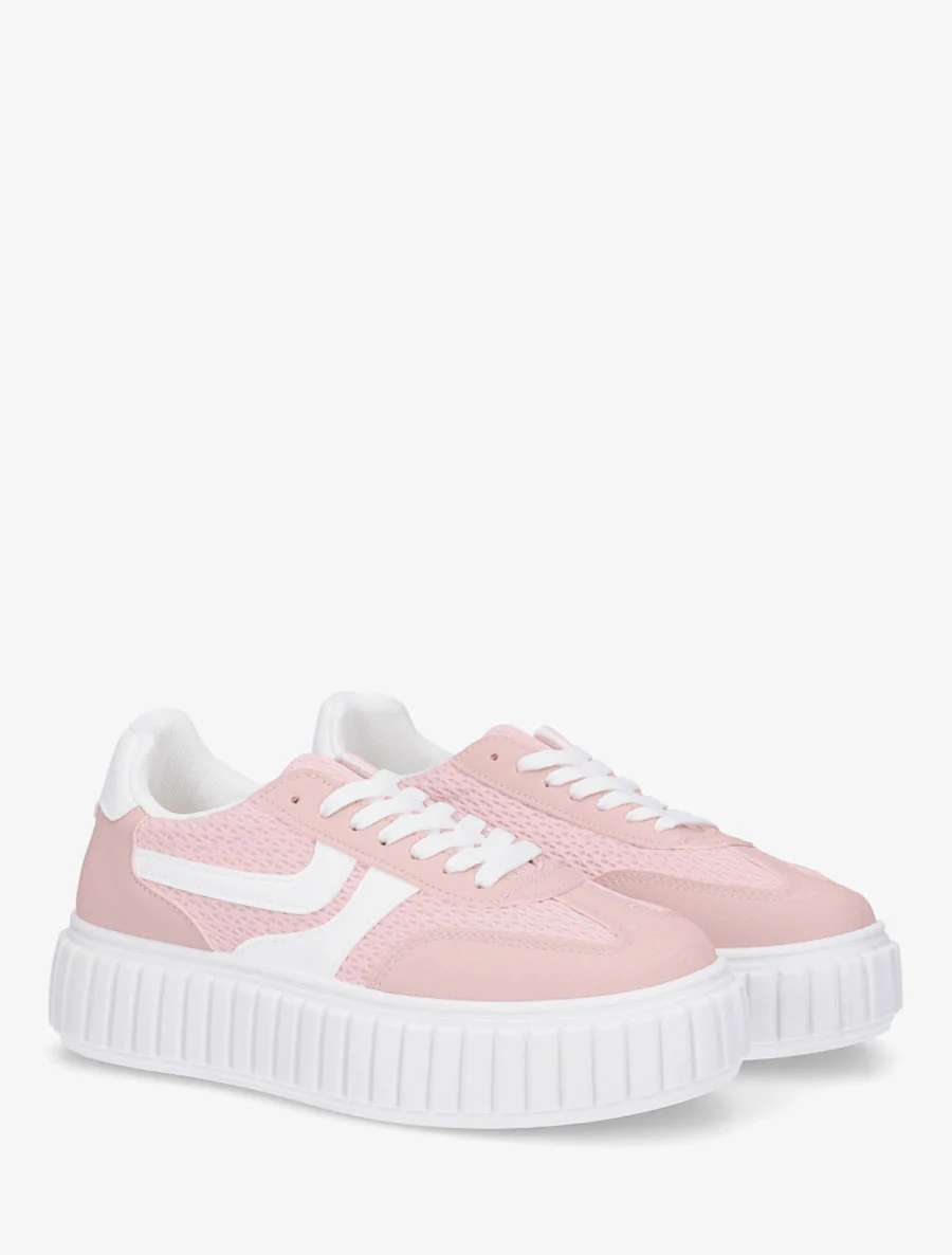 Sneakers van twee materialen met een gestreept plateauzool. - Roos - Image 4