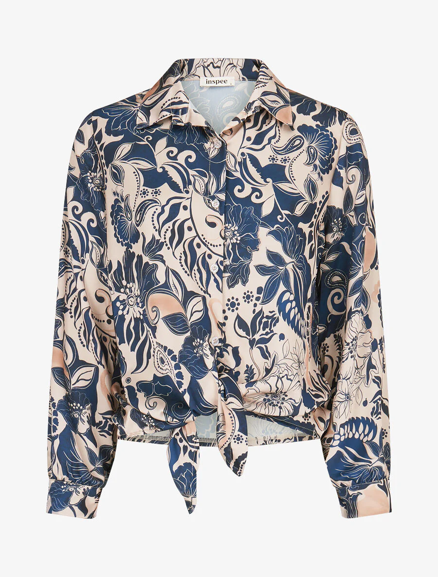 Soepel overhemd met stropdas met bloemenprint - Marineblauw
