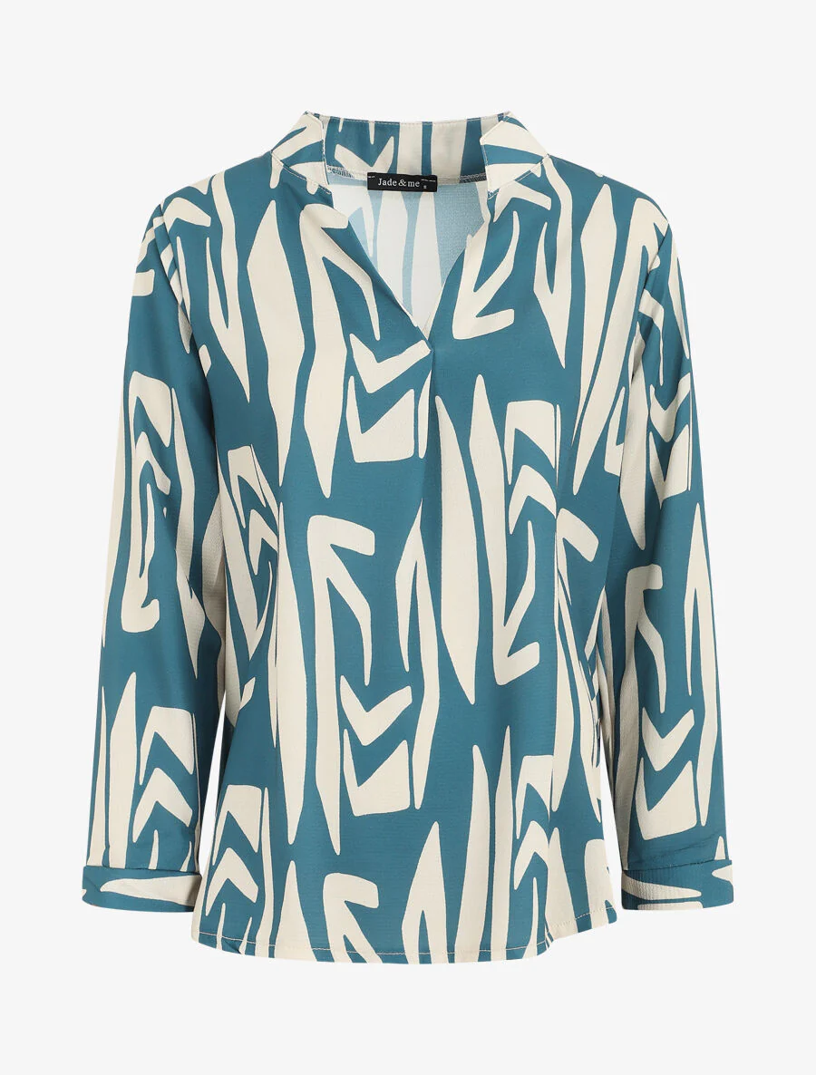 Soepele blouse met grafische print - Blauwgroen