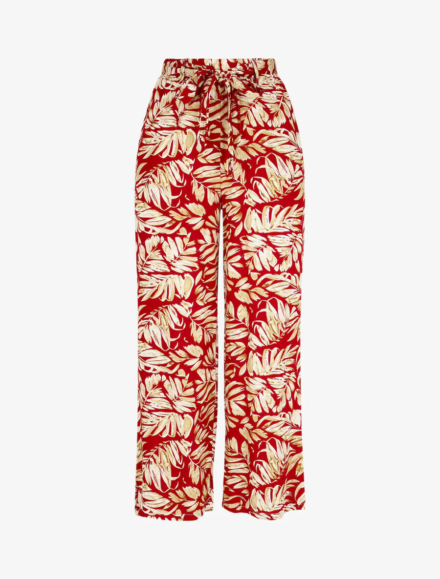Soepele elastische broek met bladerenprint - Rood