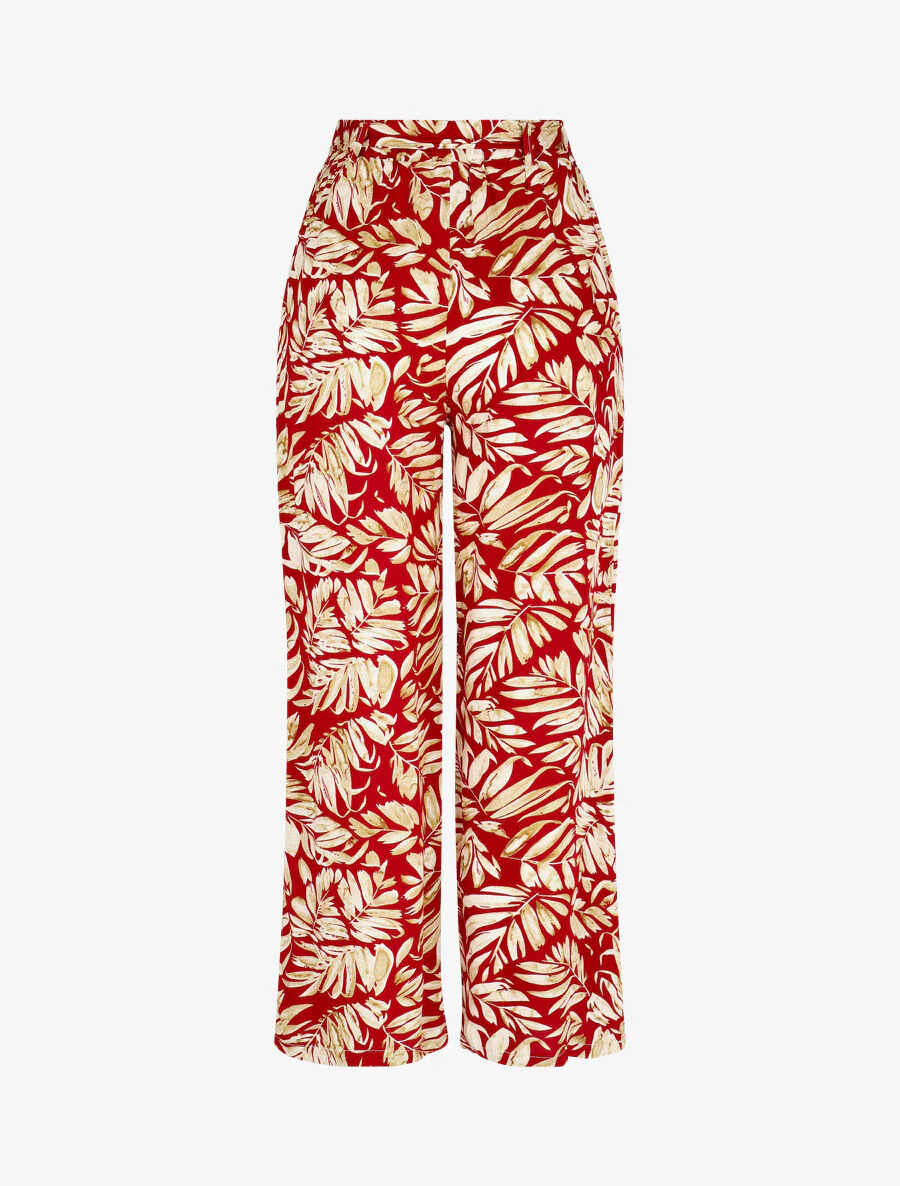 Soepele elastische broek met bladerenprint - Rood - Image 2
