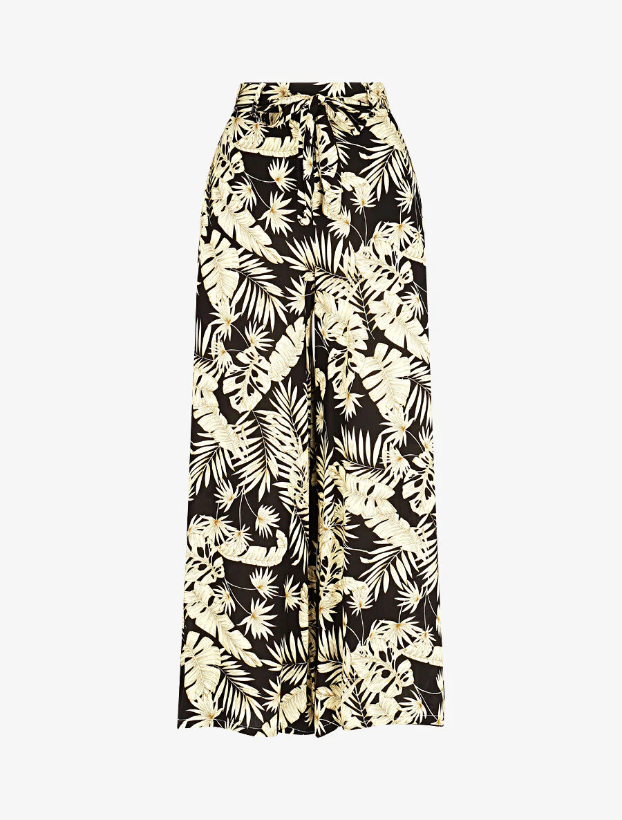 Soepele elastische broek met bladerenprint - Zwart