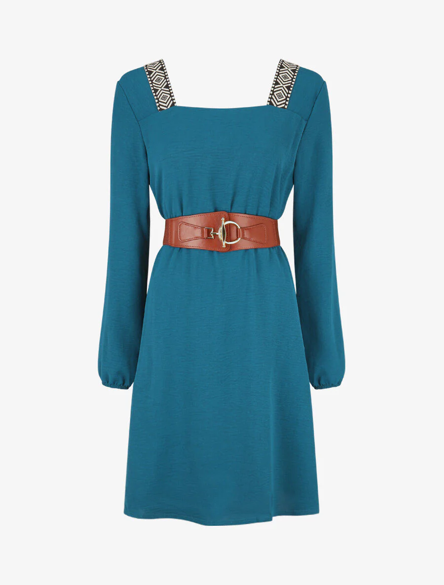 Soepele jurk met stijlvolle vierkante kraag - Olie blauw