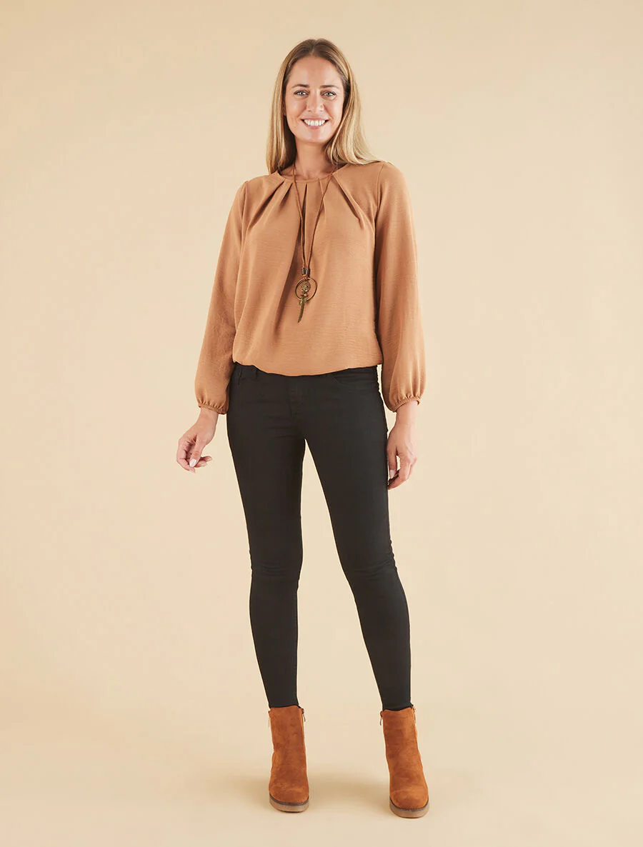 Soepele top met geplooide buste - Taupe - Image 4