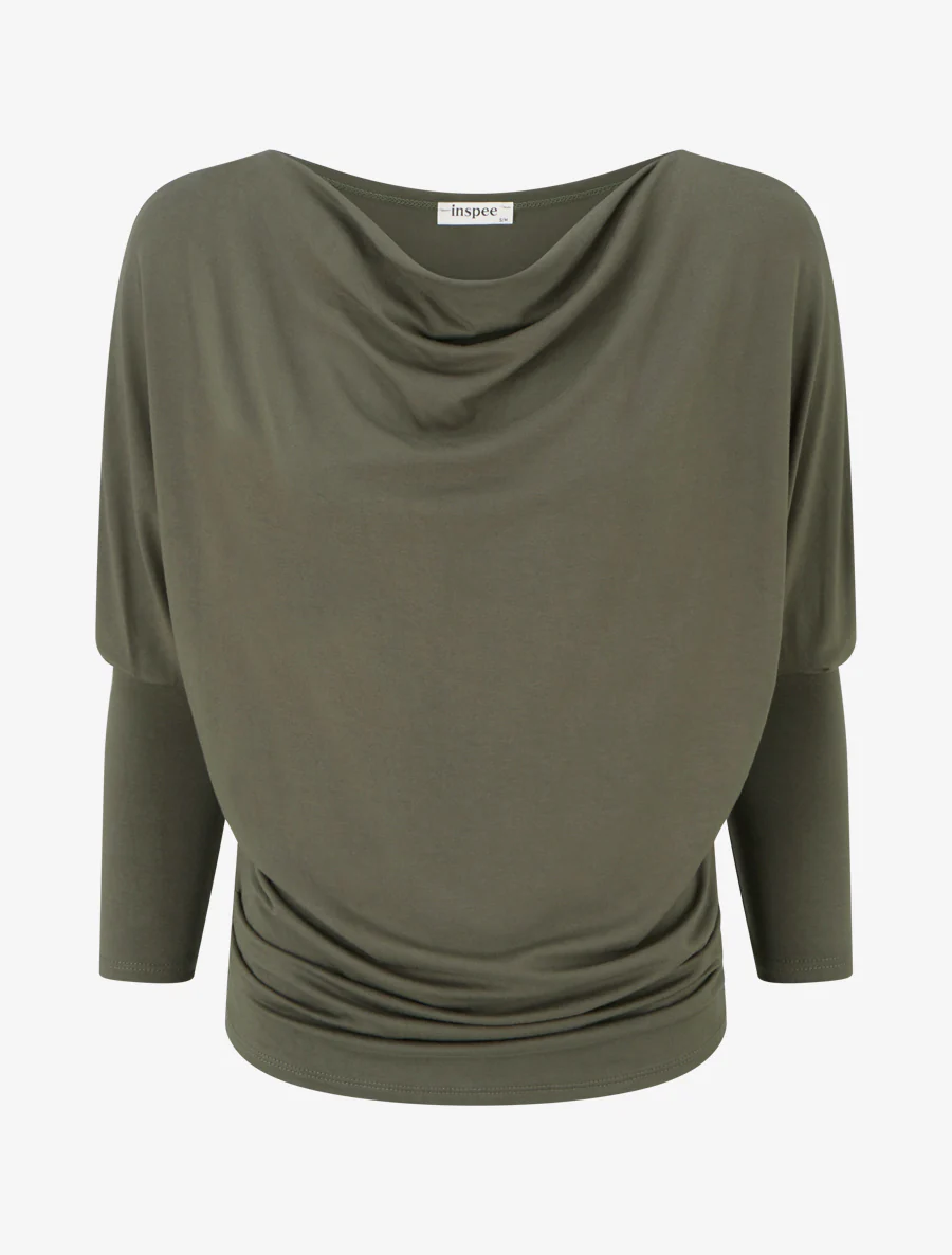Soepelvallend top met 3/4 vleermuismouwen - Kaki