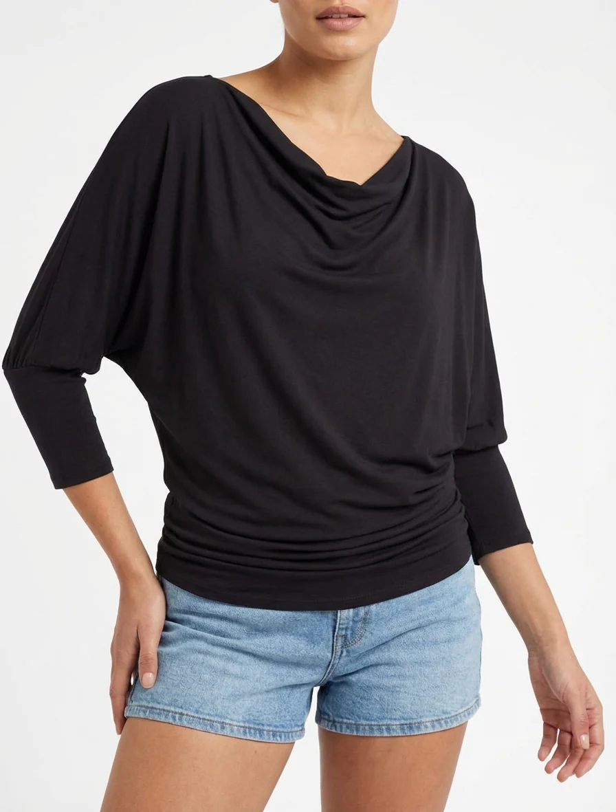 Soepelvallend top met 3/4 vleermuismouwen - Zwart - Image 4