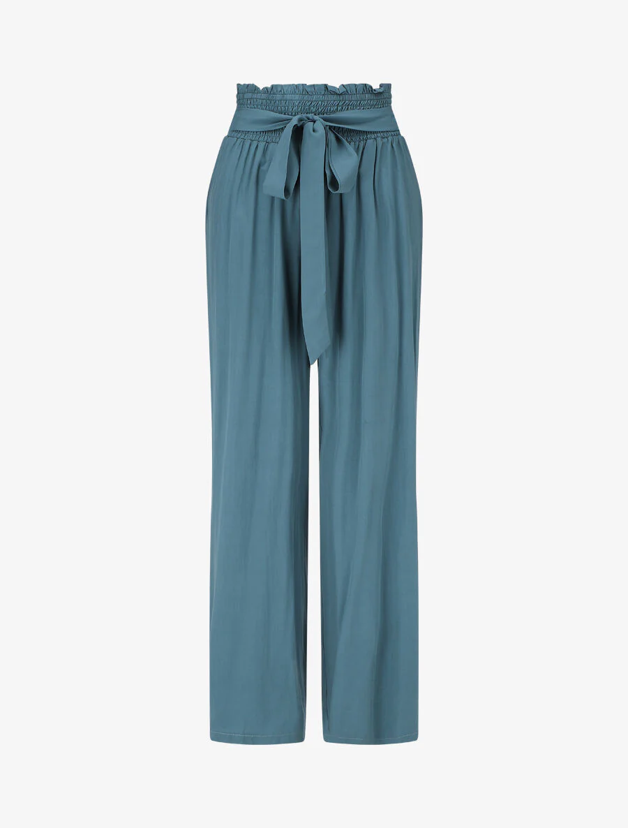 Soepelvallende effen broek met elastische tailleband - Blauwgroen