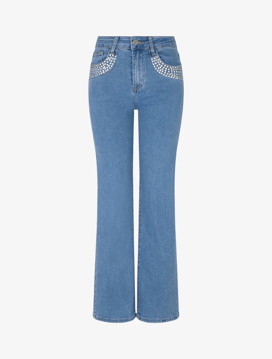 Spijkerbroek met wijde pijpen en rechte pasvorm met studs - Blauw