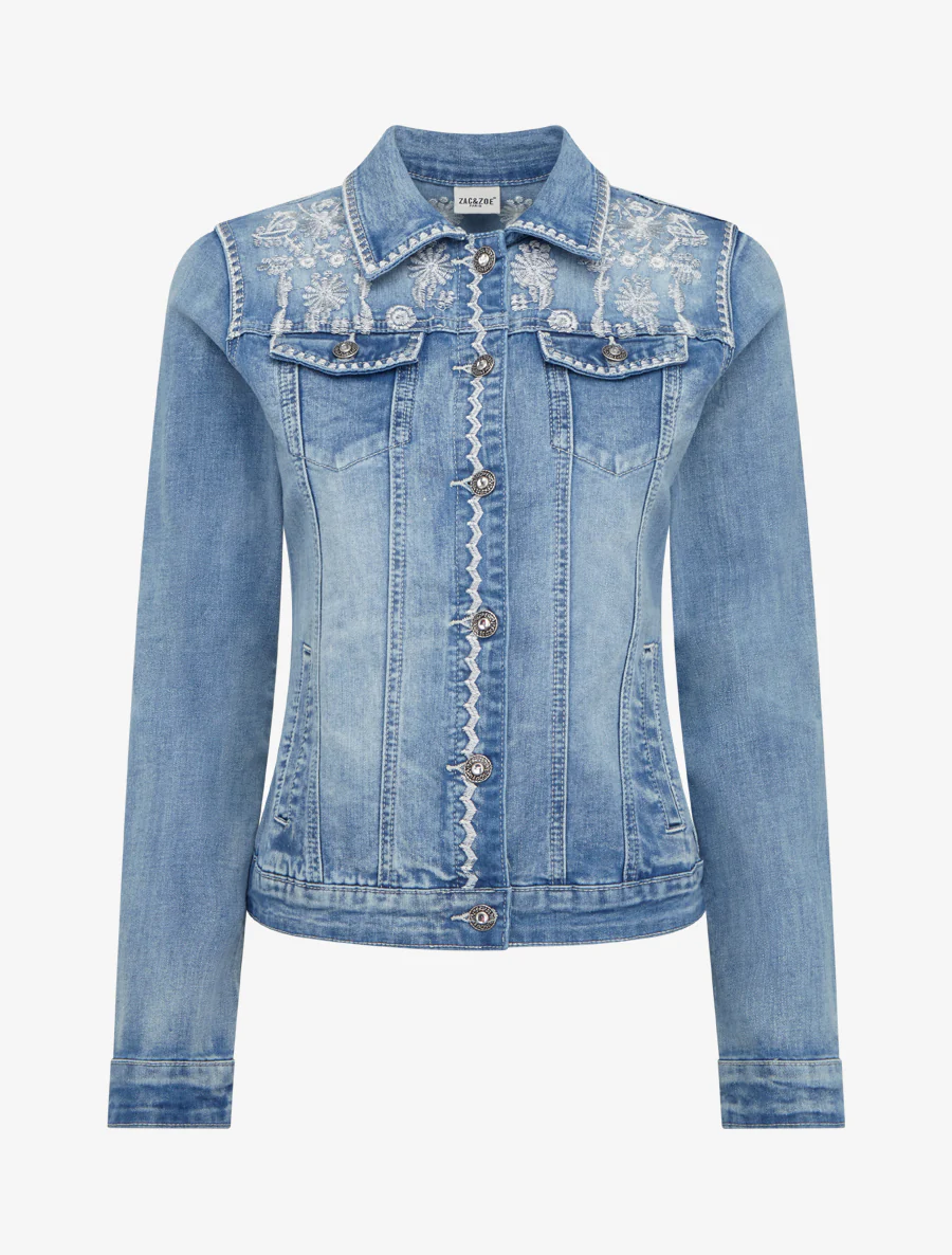 Spijkerjack met bloemenborduursels - Blauw