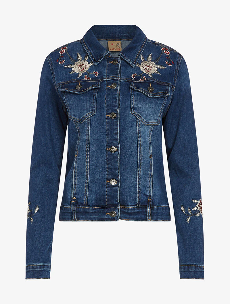 Spijkerjack met borduursel op rug en mouwen - donker denim