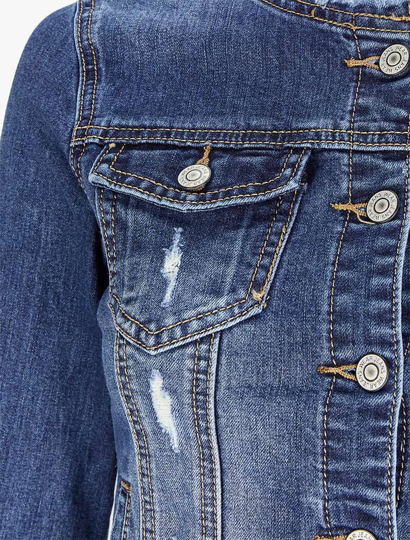 Gemerkt spijkerjack met ronde hals en ruwe snit - Blauw denim - Image 3