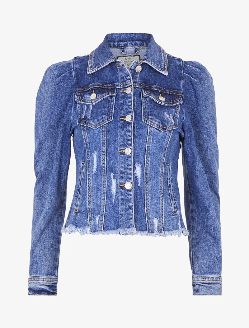 Spijkerjack met pofmouwen en rafelige randen - Blauw denim