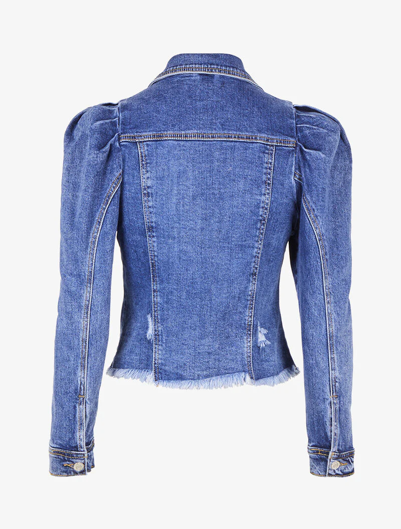 Spijkerjack met pofmouwen en rafelige randen - Blauw denim - Image 2