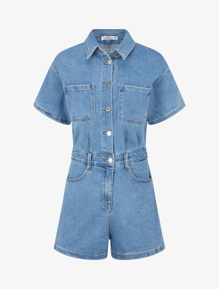 Spijkerjumpsuit met korte mouwen - Blauw