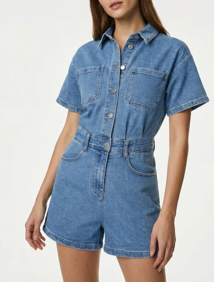 Spijkerjumpsuit met korte mouwen - Blauw - Image 4