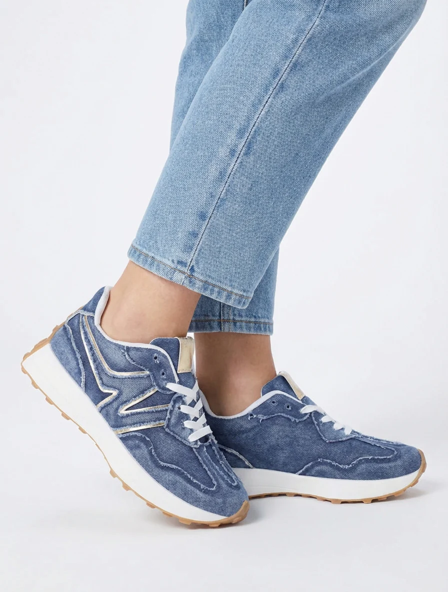 Spijkerstoffen sneakers met iriserend detail - Blauw - Image 5