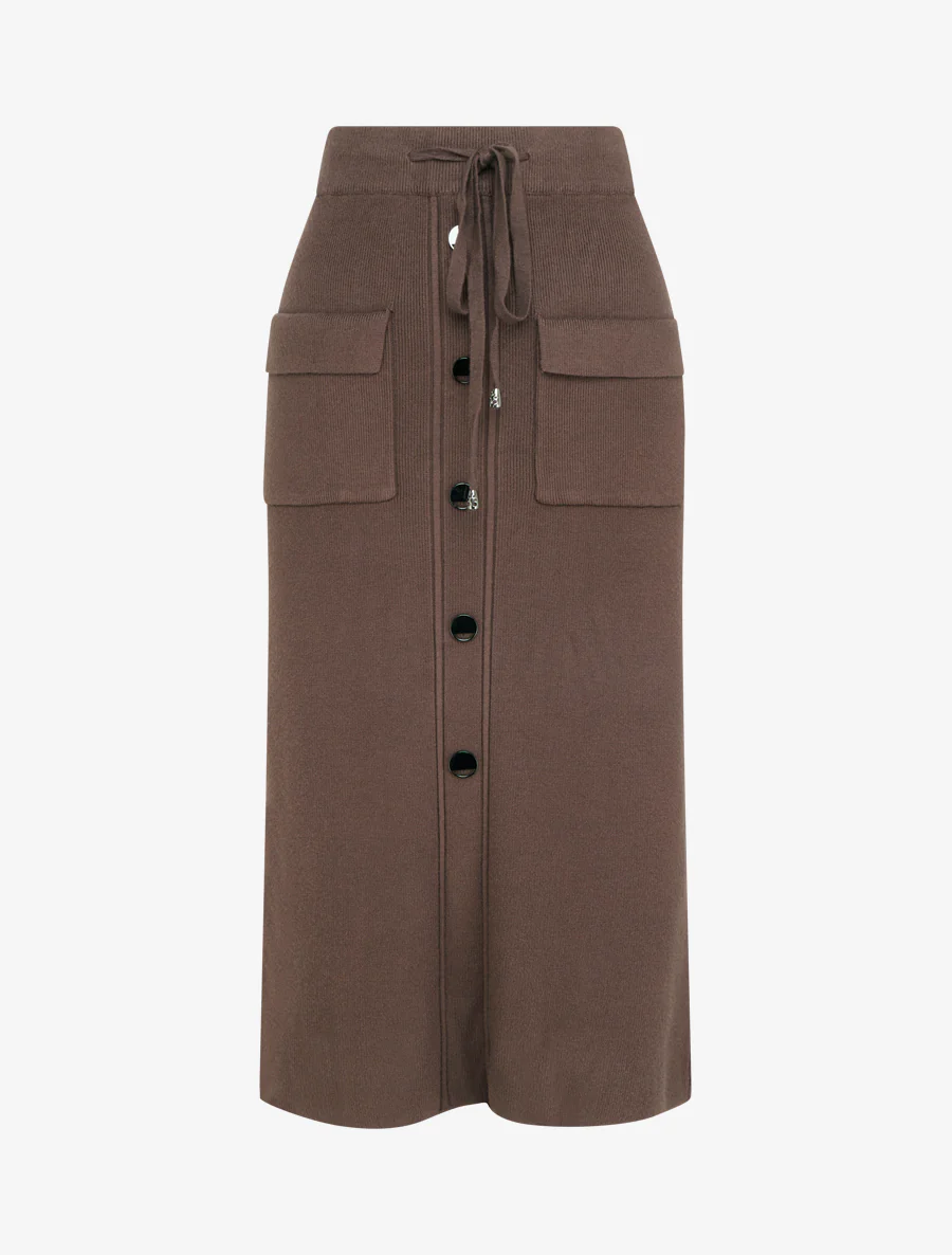 Split gebreide rok met decoratieve knopen - Bruin
