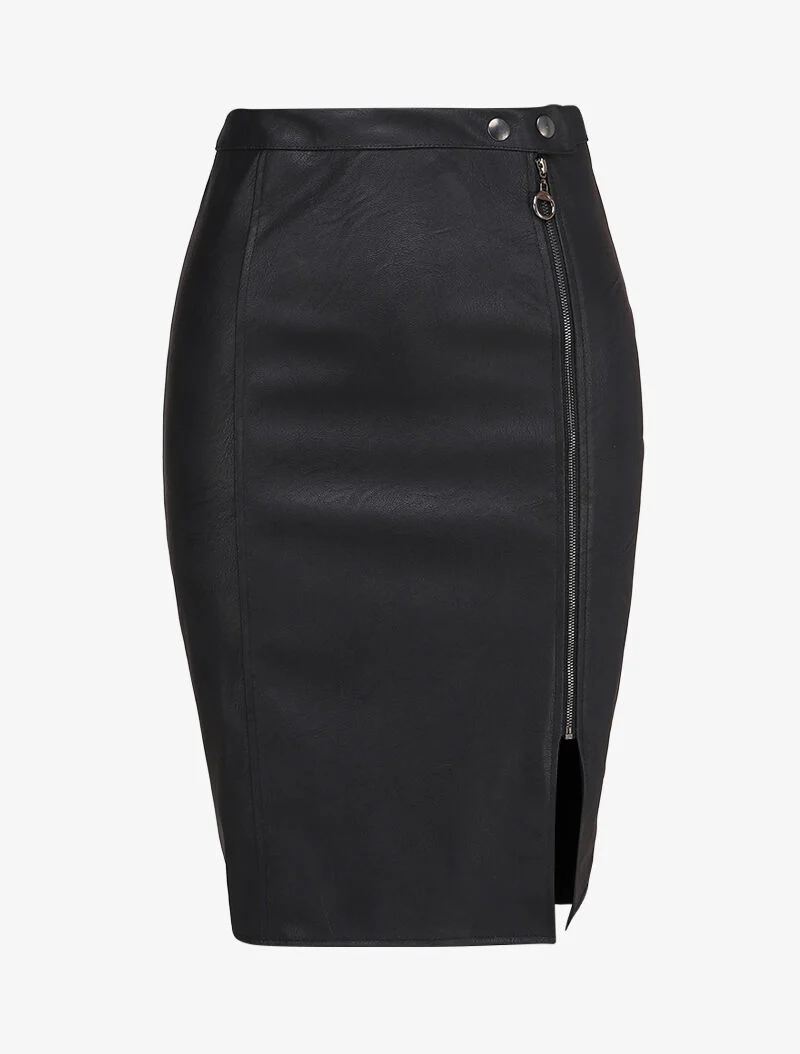 Split rok in imitatieleer met rits - Zwart