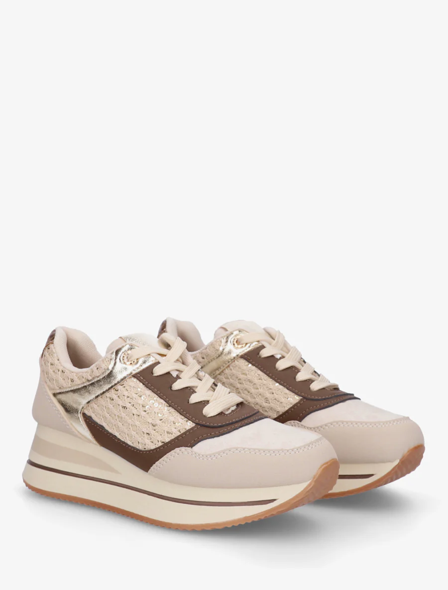 Sportschoenen met mesh inzetstukken en pailletten - Beige/bruin - Image 4