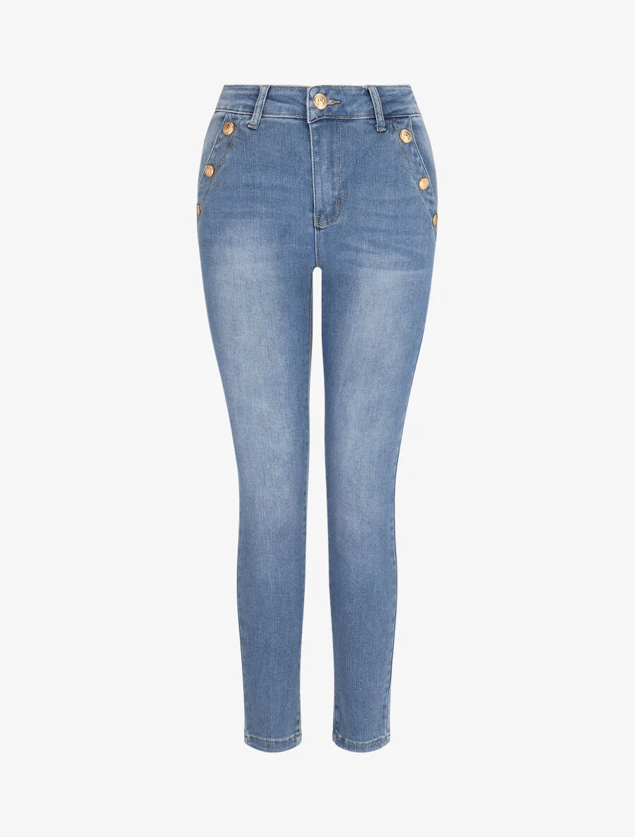 Standaard skinny jeans met decoratieve knoopzakken - blauw