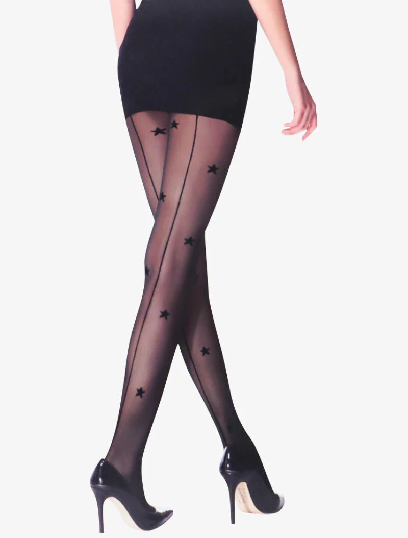 Sterrenprint panty's met contrasterende naden - zwart