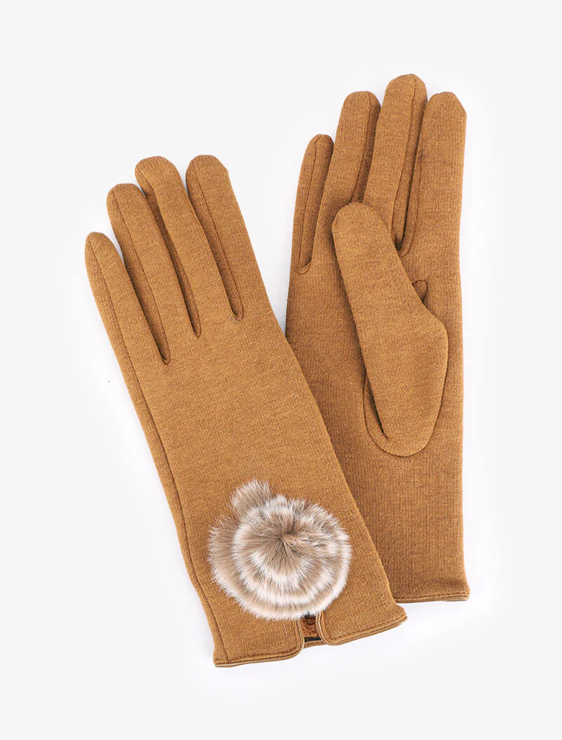 Stoffen handschoenen versierd met een pompon - camel