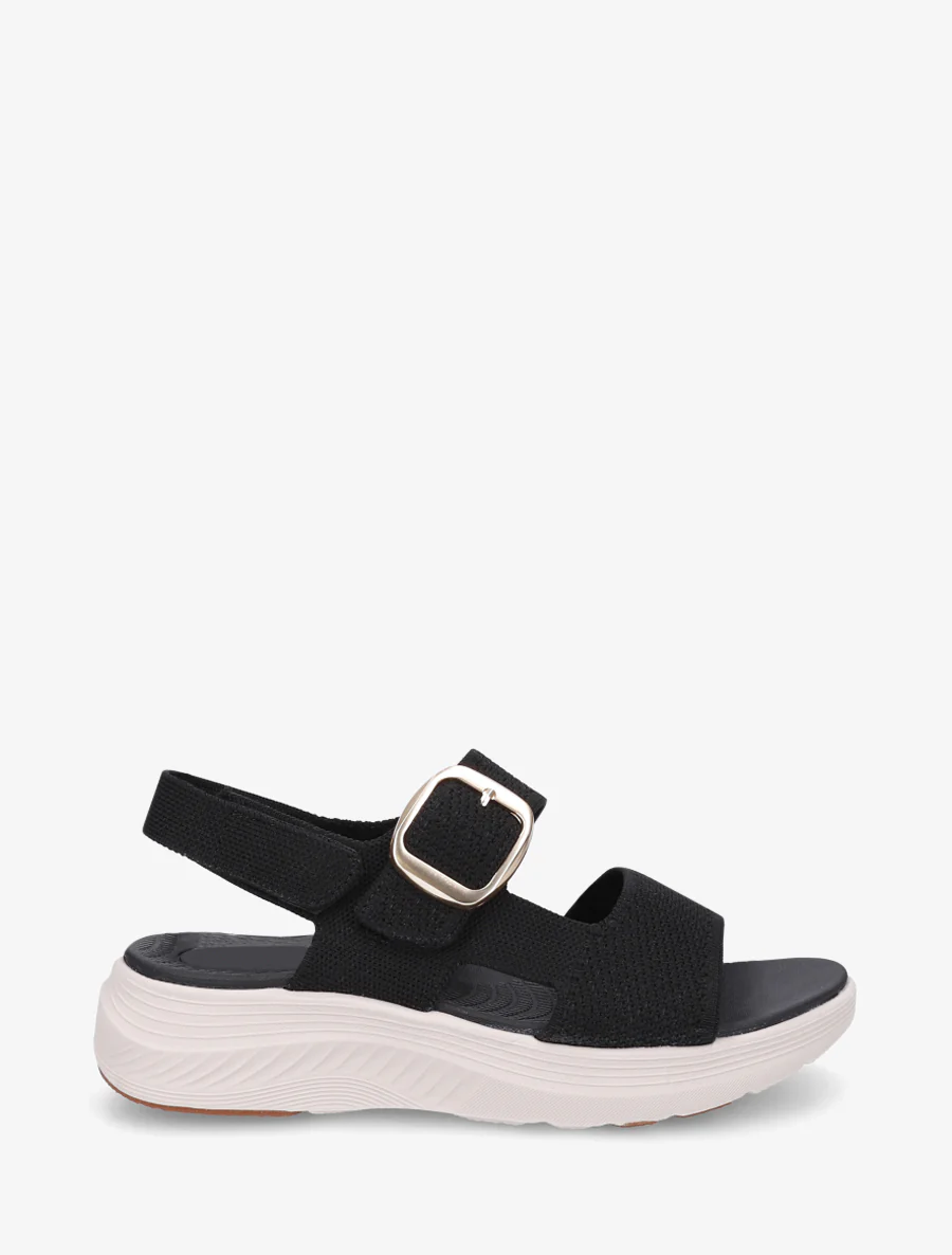Stoffen sandalen met gesp en klittenband. - Zwart