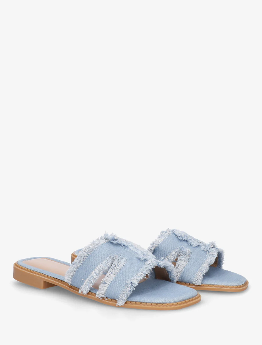 Stoffen slippers met rafelig effect - Blauwe denim - Image 4