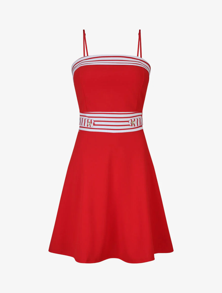 Streepjesjurk met gepleisterd bovenlijf en taille - Rood