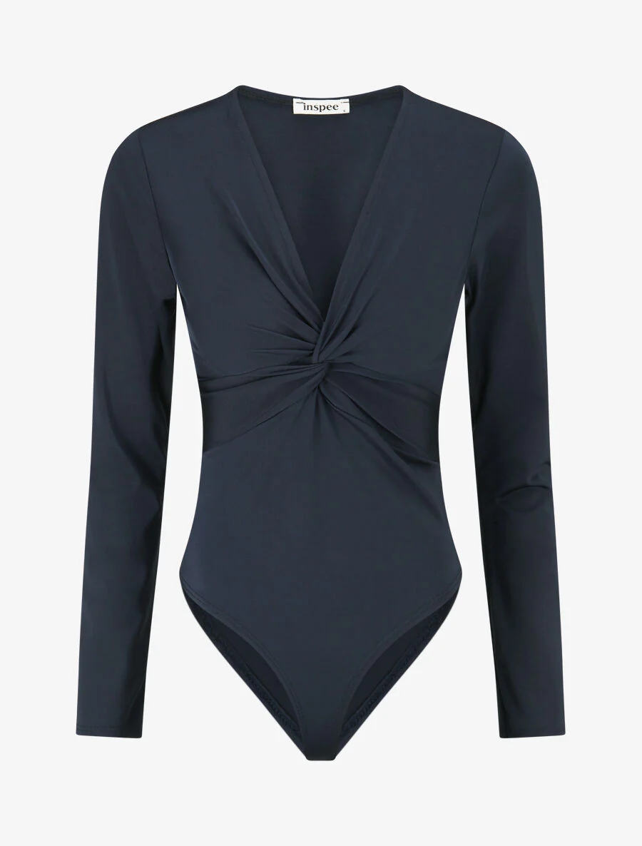 Stretchbody met gedraaide halslijn - Marineblauw