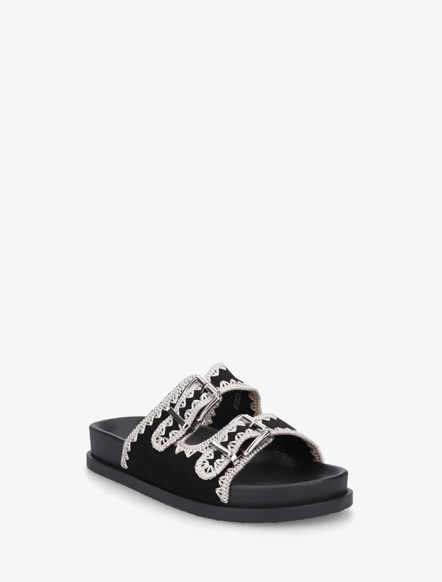 Suède dubbelgesp sandalen met borduursels - Zwart - Image 2
